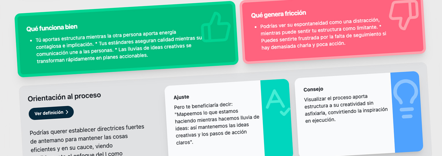 Infographic in Spanish showing what works, causes friction, and advice in process orientation with colored boxes.