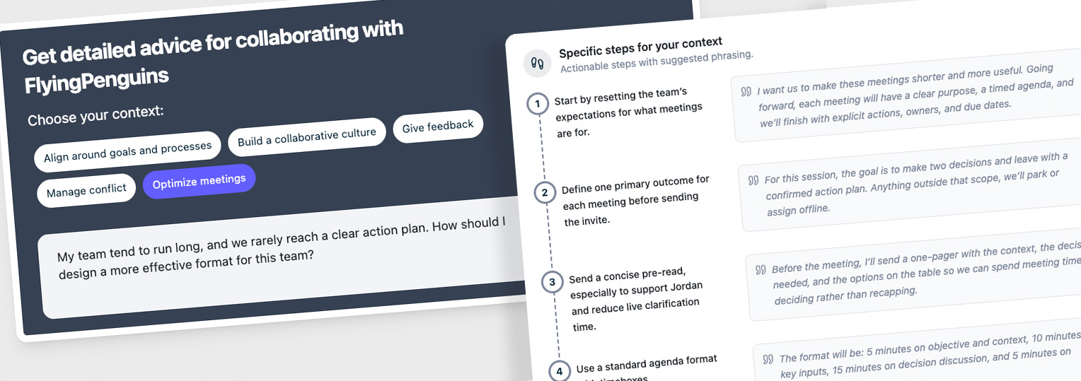 Advice interface for FlyingPenguins with options to choose context and steps for optimizing meetings.