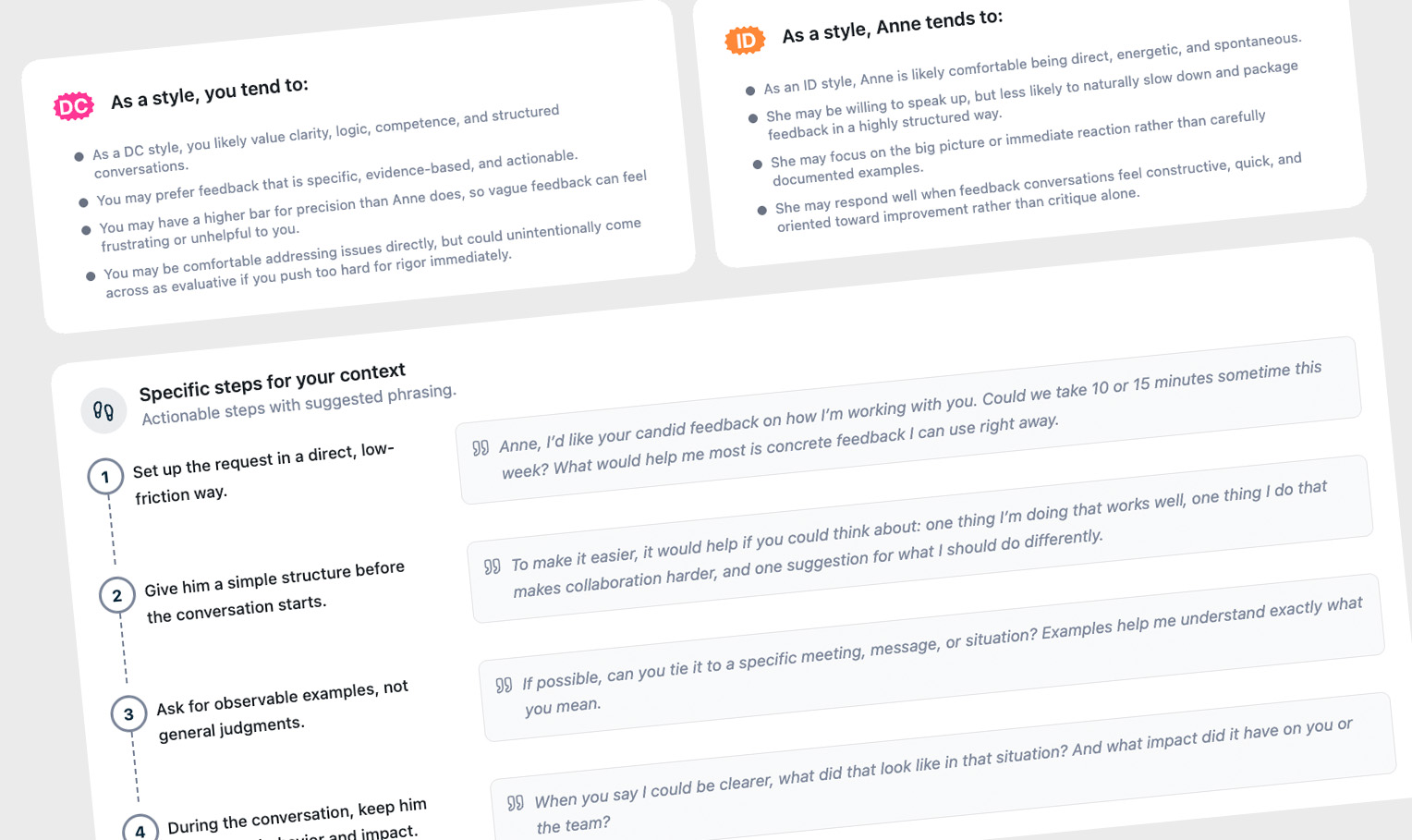 Comparison of DC and ID communication styles with specific feedback steps and example phrases for clarity.