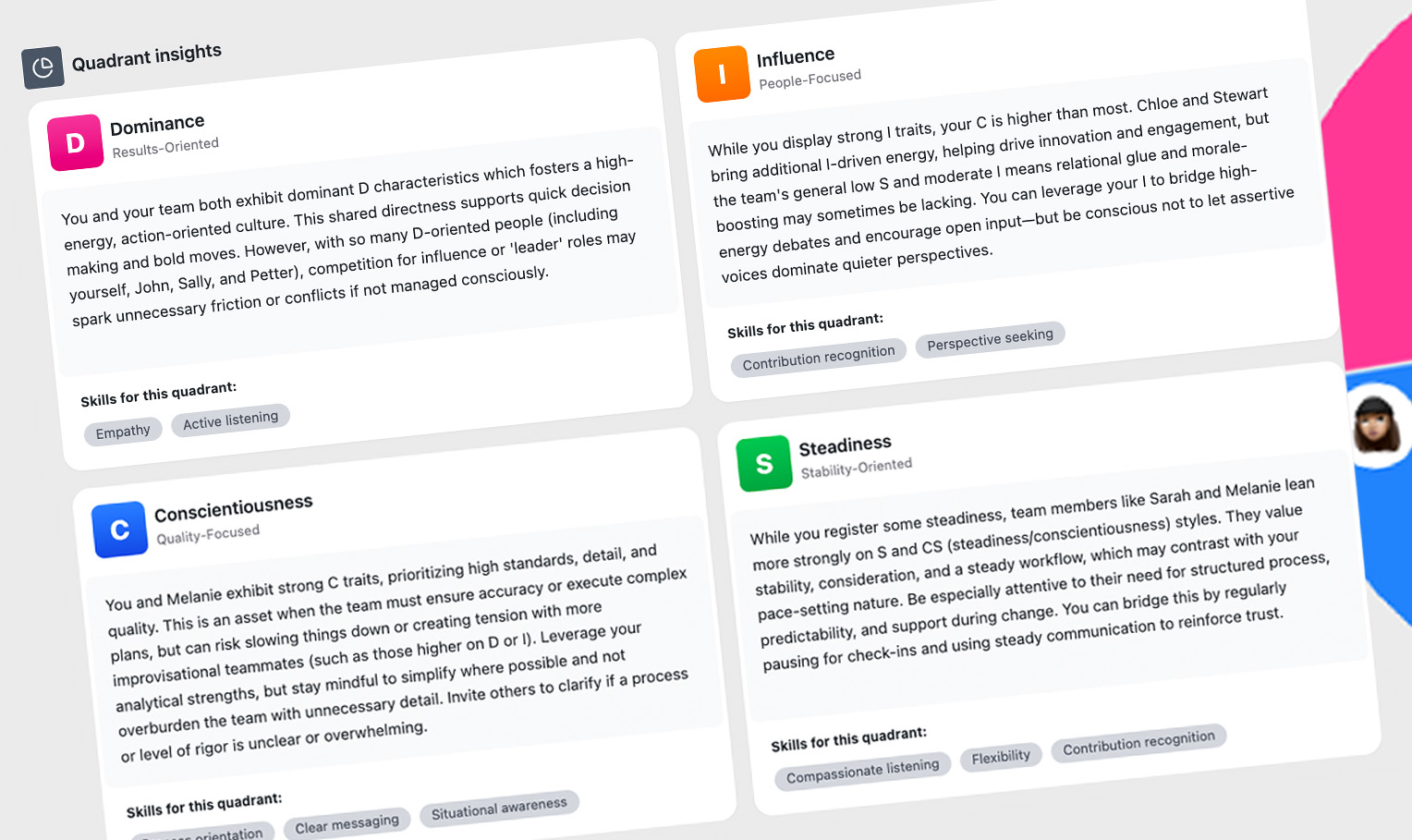 Quadrant insights for Dominance, Influence, Conscientiousness, and Steadiness with descriptions and skill tags.
