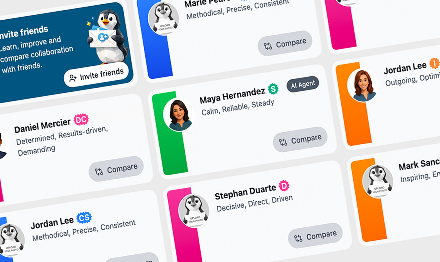 Profile cards showing avatars, names, traits, and compare buttons with colored labels and AI agent badge.