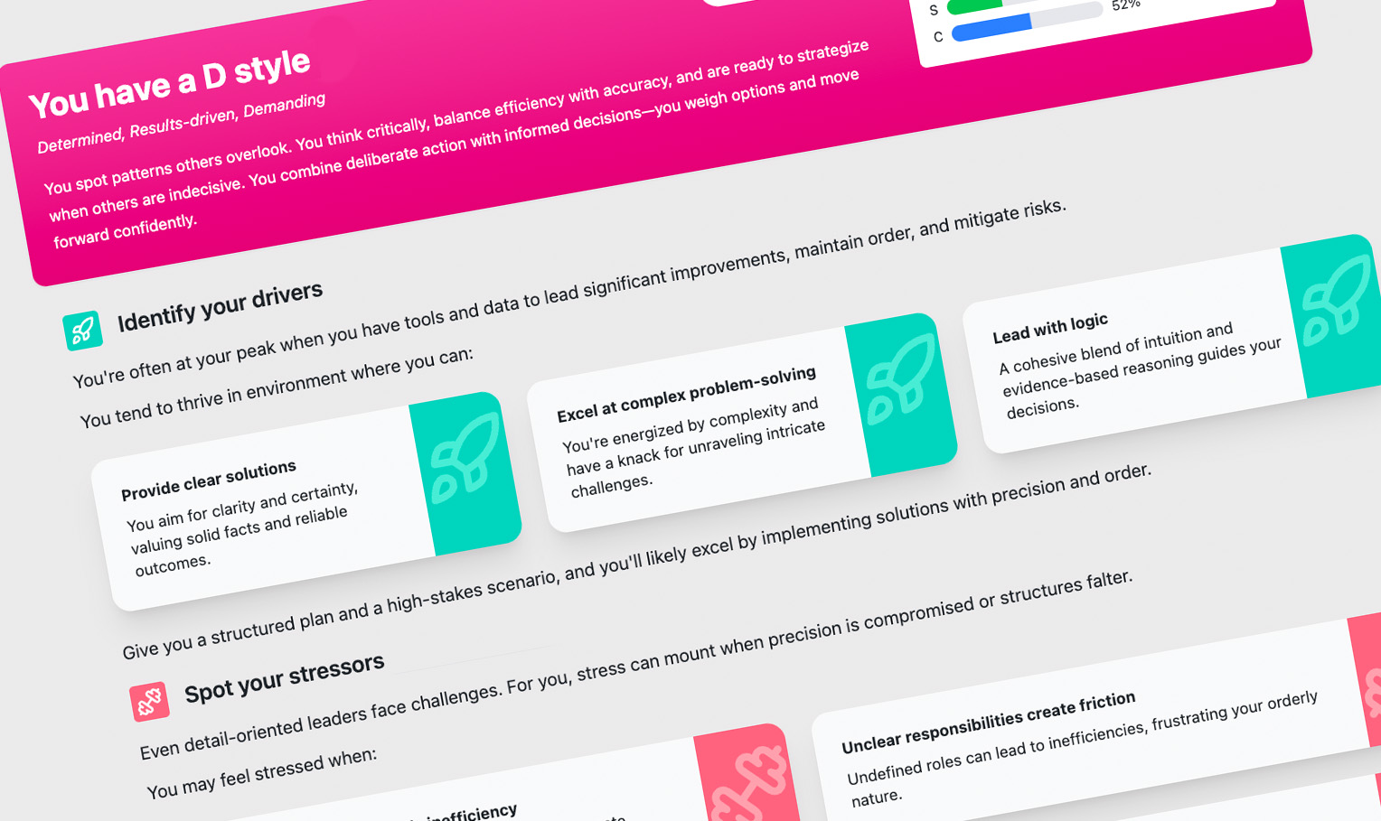 Text describing a D personality style, its strengths, drivers, and stressors with icons and colored boxes.