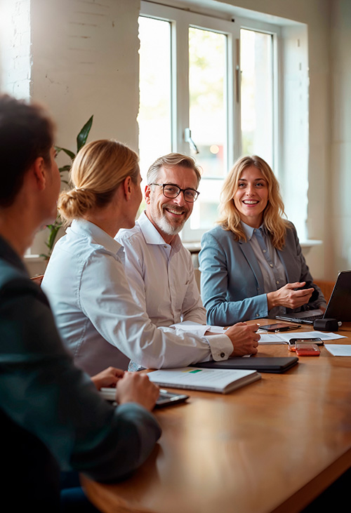 Four professionals smiling and discussing work around a table with laptops and documents.