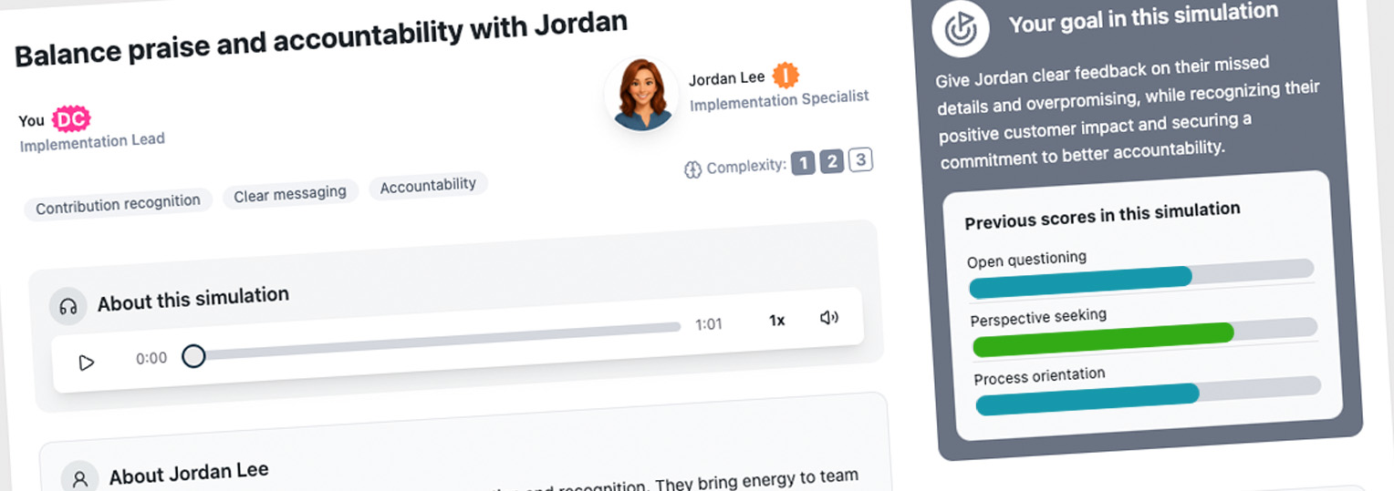 Training interface titled Balance praise and accountability with Jordan, showing audio, goals, and past scores.