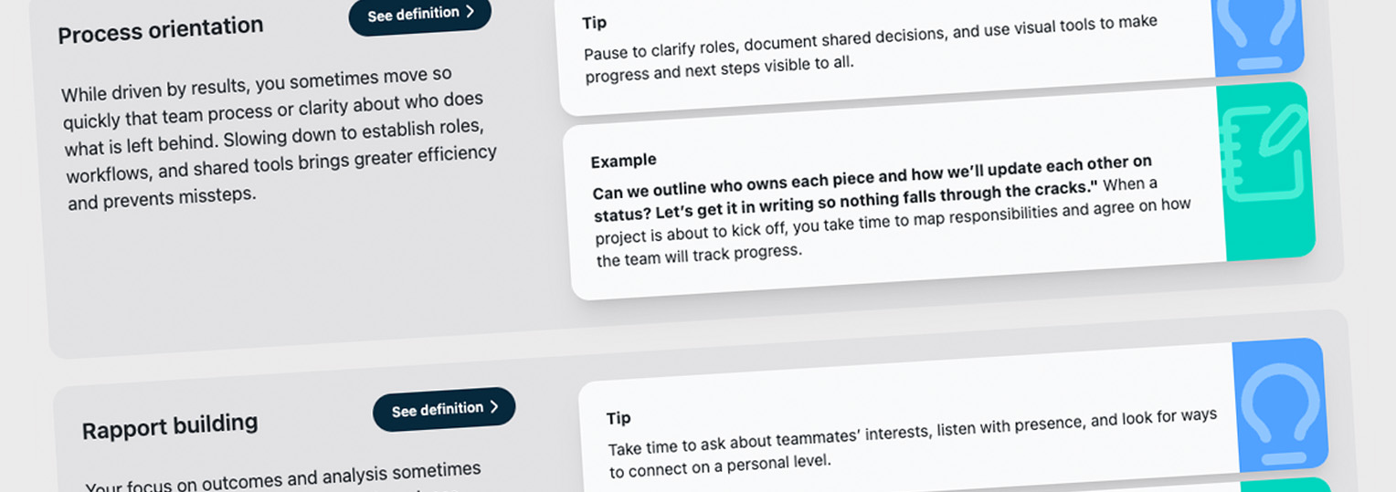 Text cards with tips on process orientation and rapport building to improve team workflow and communication.