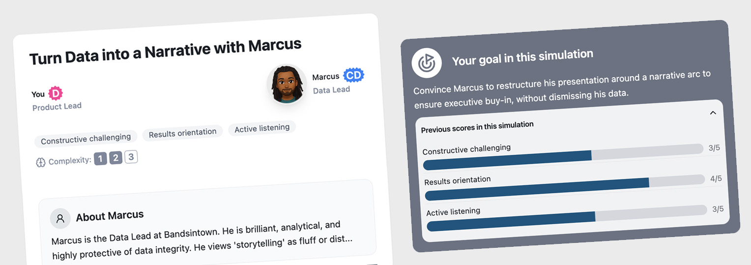 Simulation screen to help restructure Marcus's data presentation to ensure executive buy-in with scores on key skills.