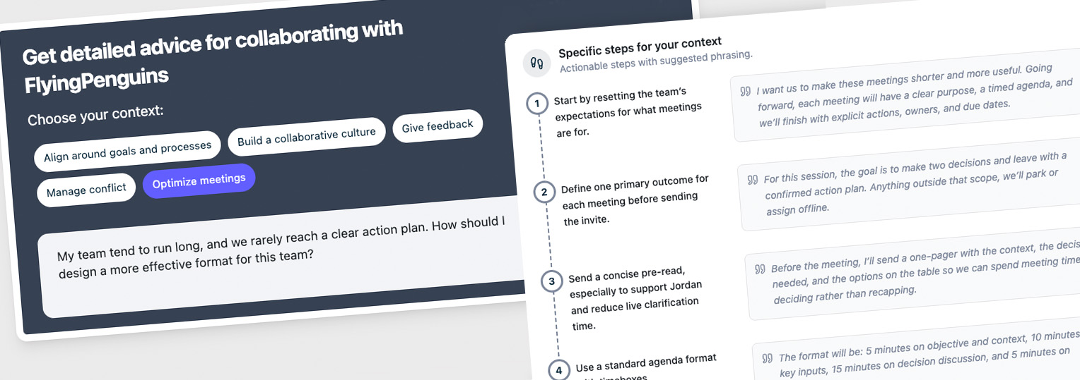 Screenshot of meeting advice tool showing collaborative options, question, and specific steps with comments.