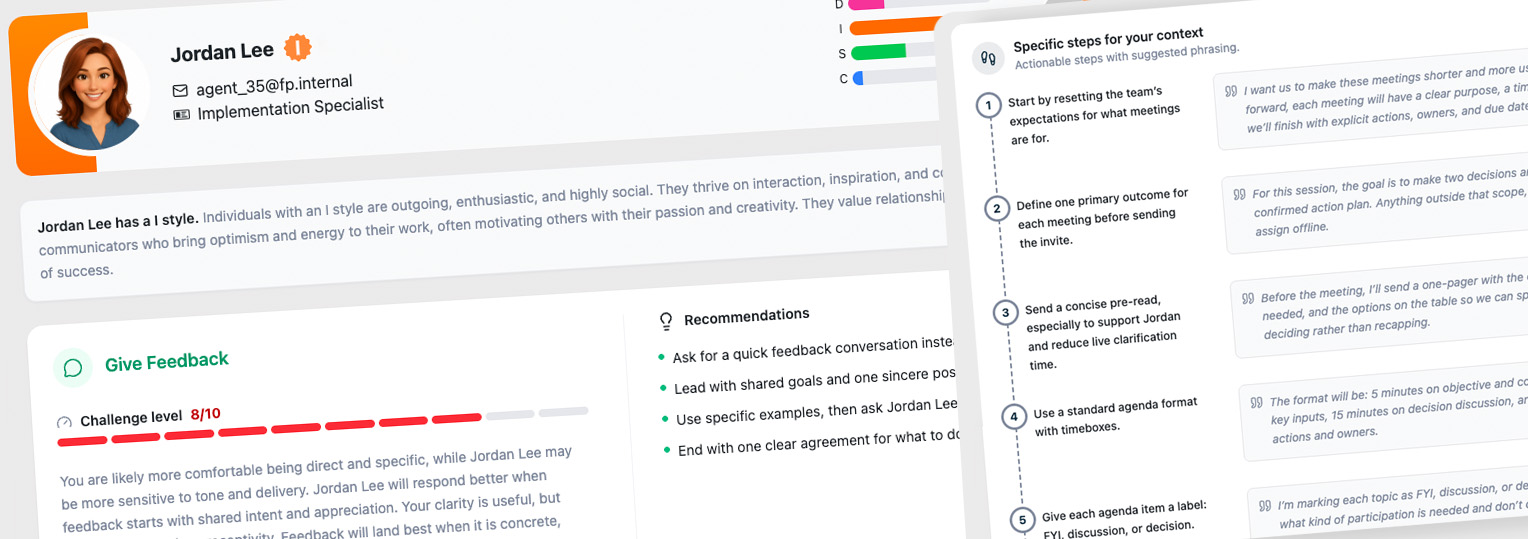 Profile and feedback interface showing Jordan Lee's style, challenge level, recommendations, and meeting context steps.