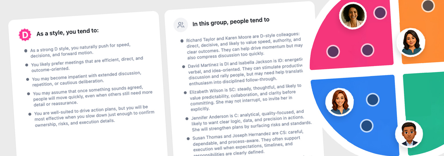 Illustration of a DISC personality style report with text and icons of people in colored quadrants.