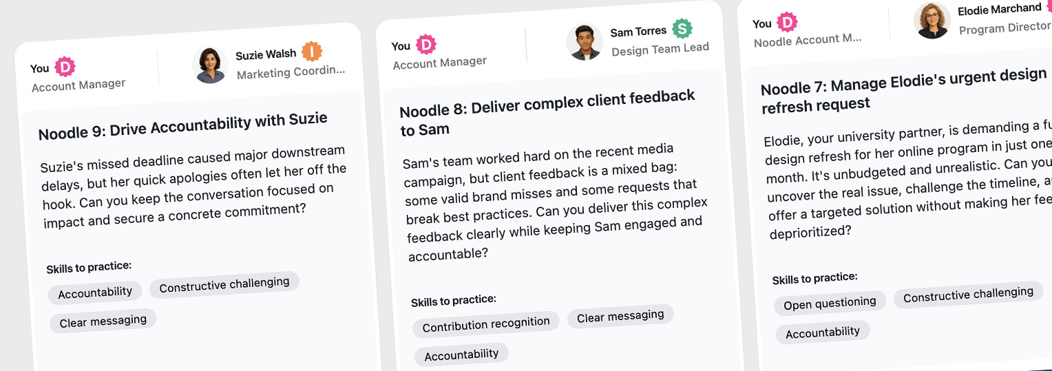 Three task cards showing team feedback and accountability skills with names and roles of involved people.