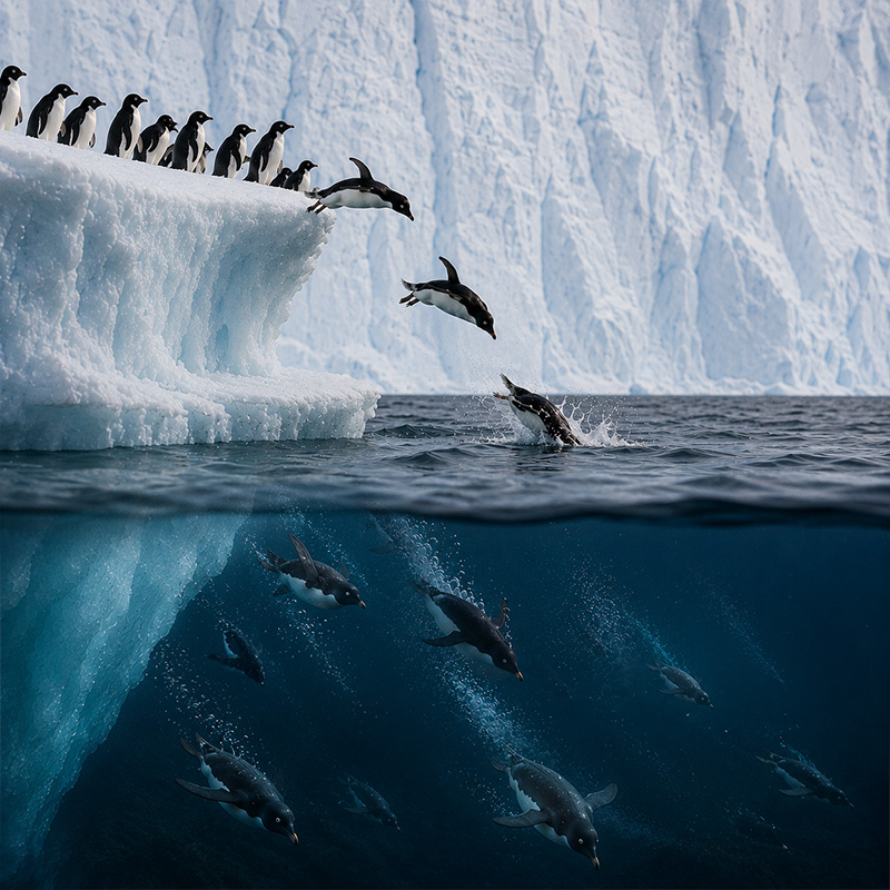 Adelie penguins jumping off ice shelf and swimming underwater near icy cliffs.