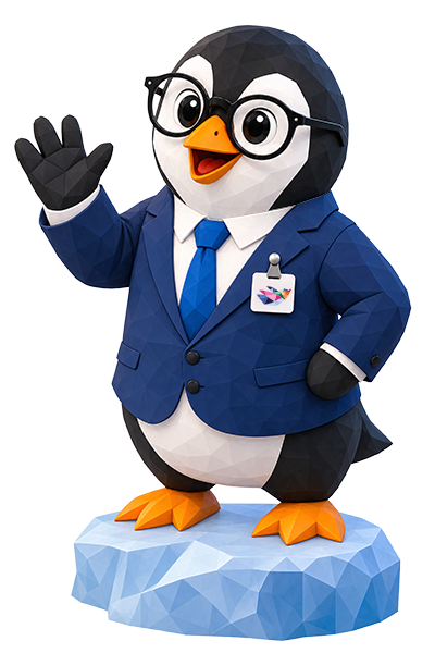 Cartoon penguin wearing glasses and a blue suit waving, standing on an ice block.