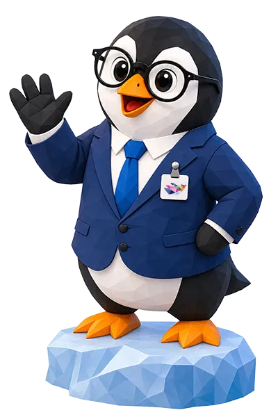 Cartoon penguin wearing glasses and a blue suit waving, standing on an ice block.