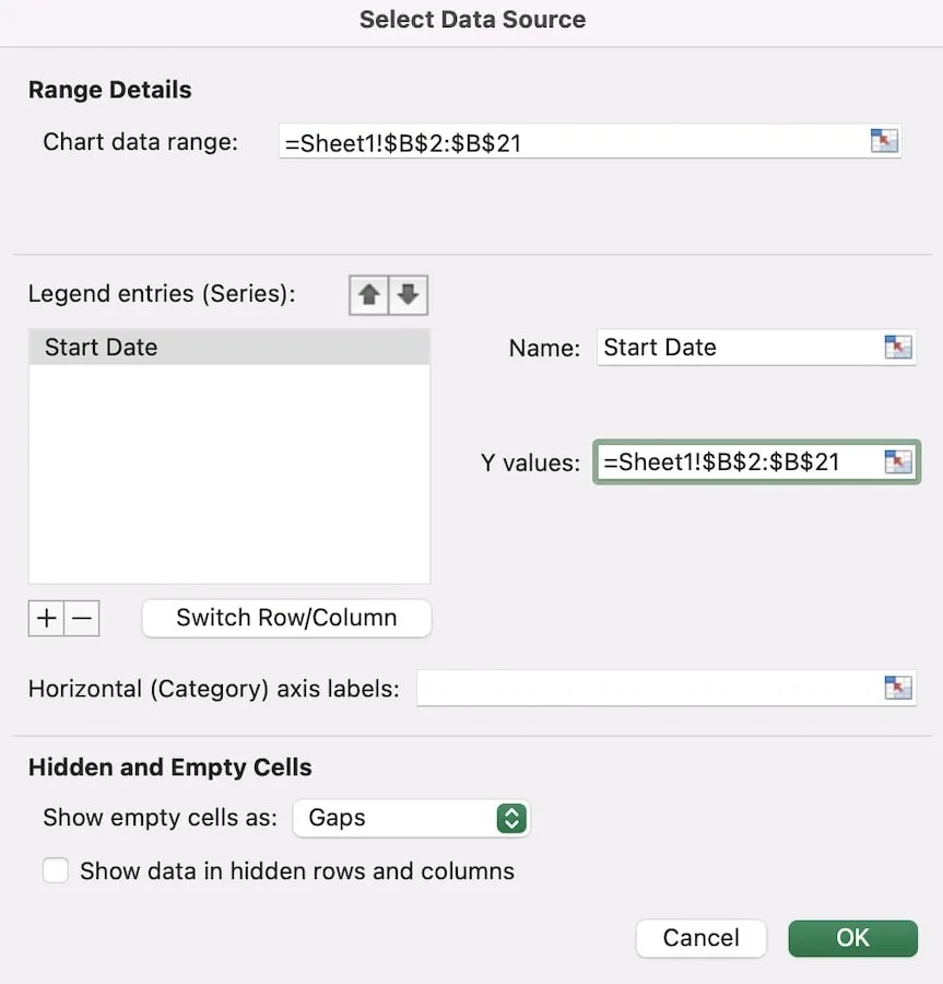 Select data source for Start Date column