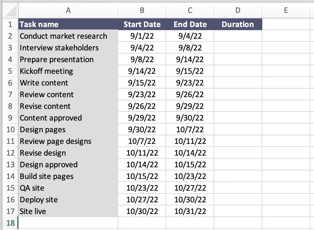 Add tasks and dates to Excel worksheet