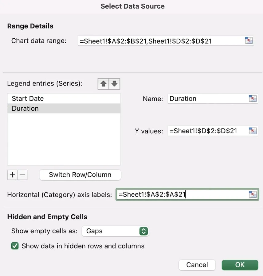 Select data source for Duration column