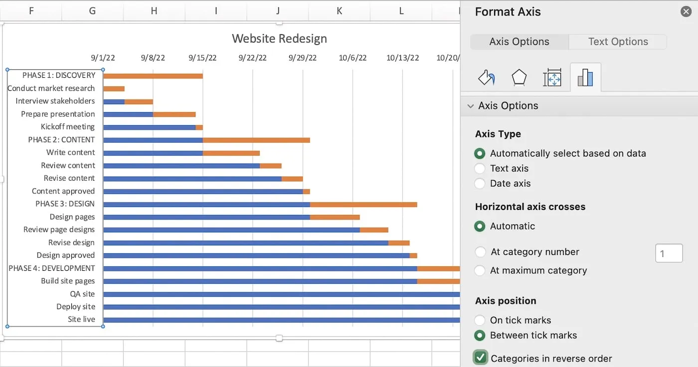 Reverse task order on Excel gantt chart