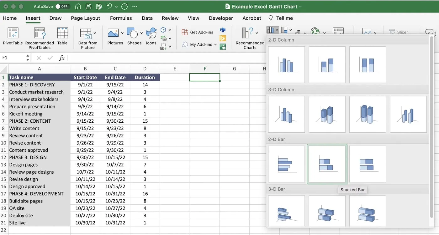 Insert stacked bar chart into Excel worksheet