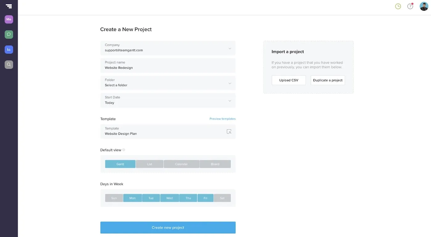 Create a new gantt chart in TeamGantt