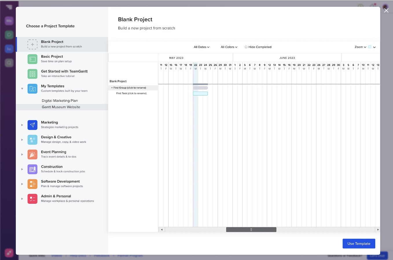 Choose a gantt chart template in TeamGantt