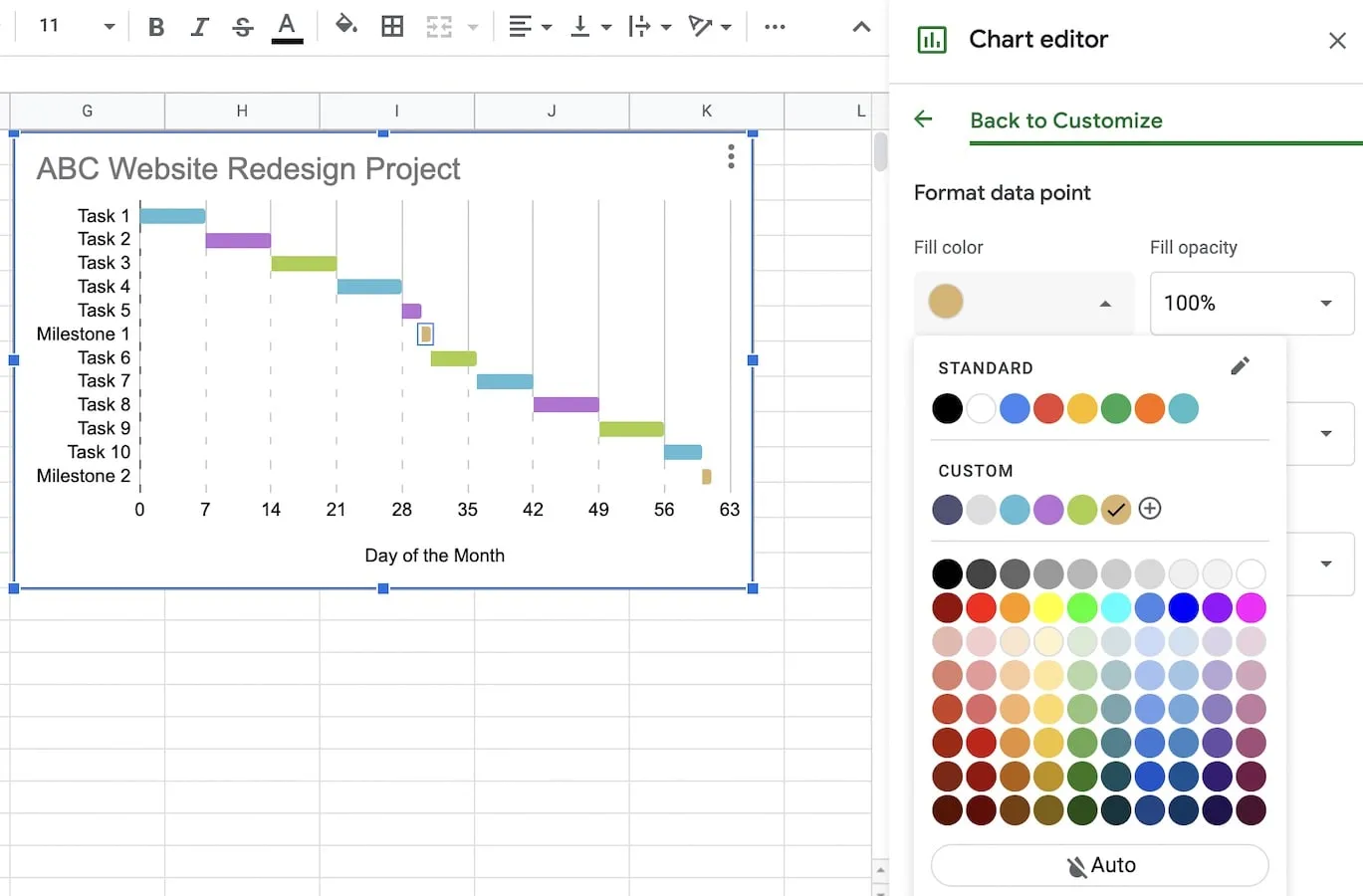 Apply a gold color to project milestones