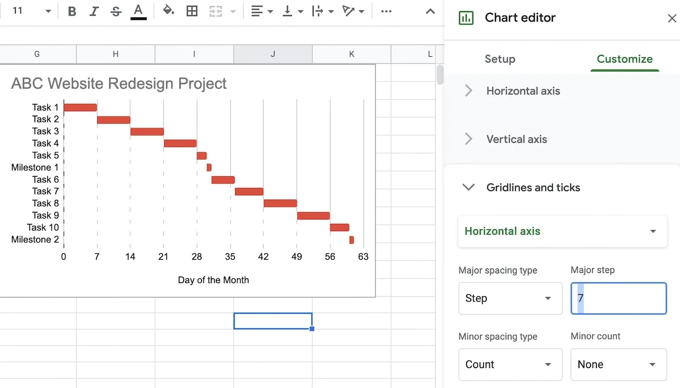 Set weekly intervals for your Google Sheets gantt chart