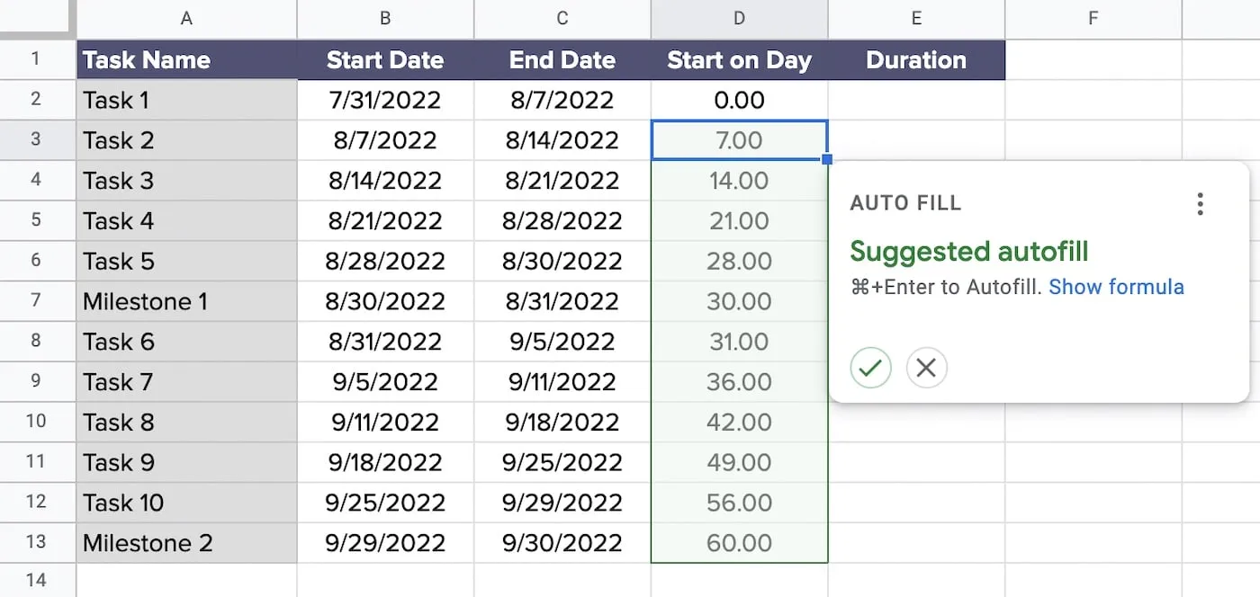 Apply Start on Day formula to remaining tasks in column