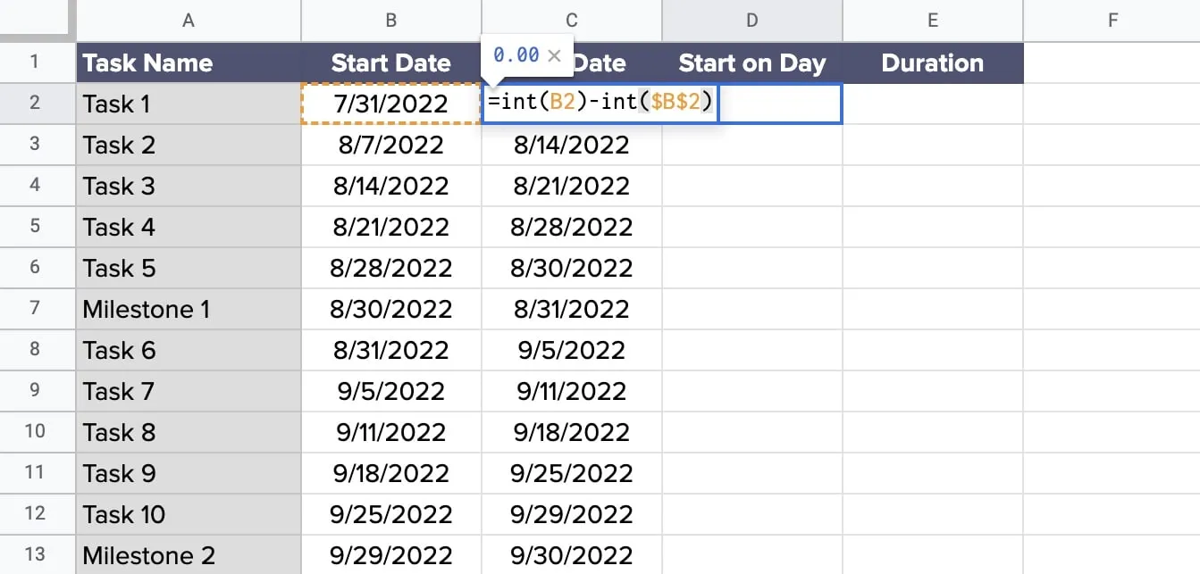 Calculate Start on Day for each task