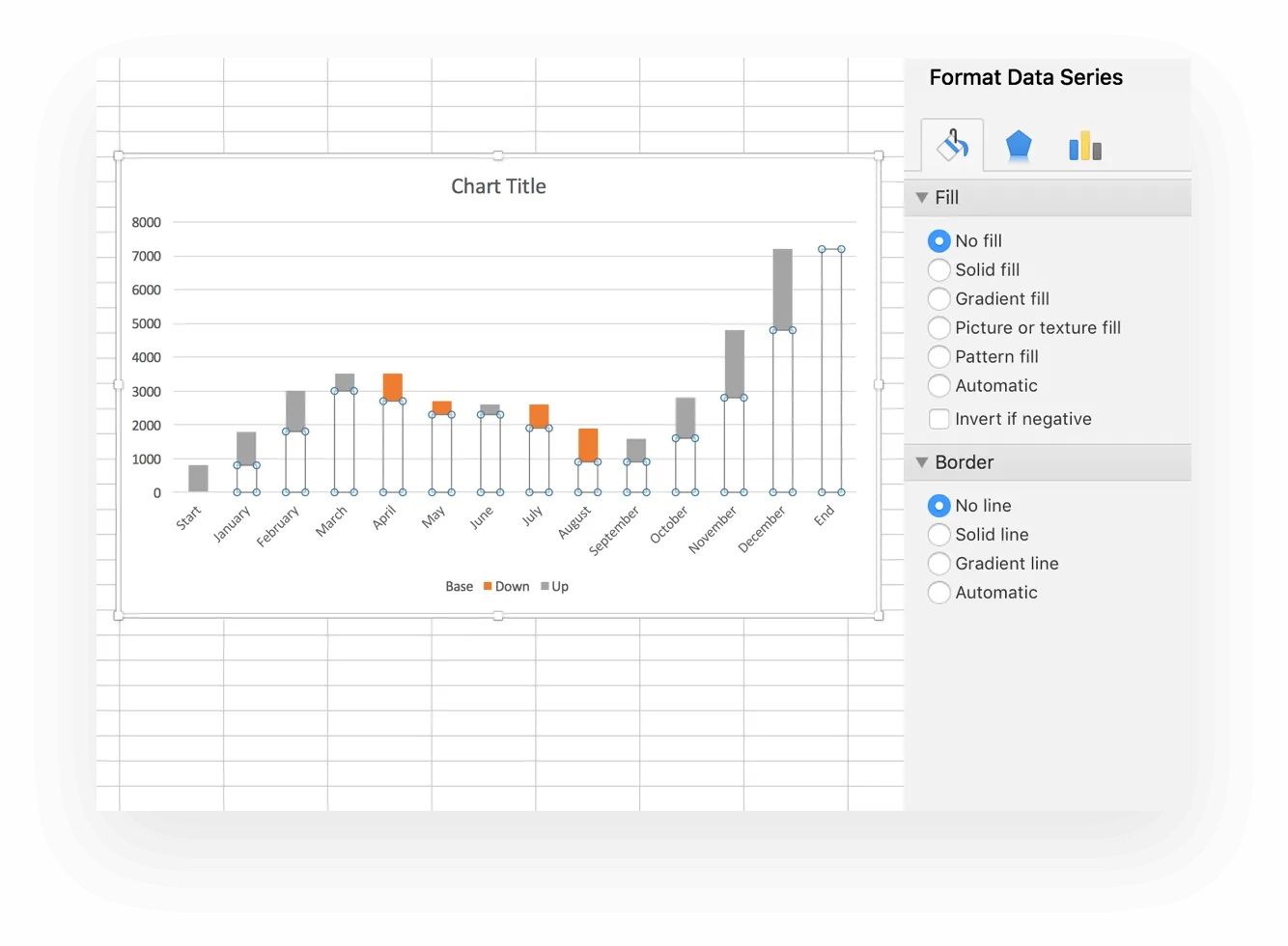 Format fill and line in data series for waterfall chart