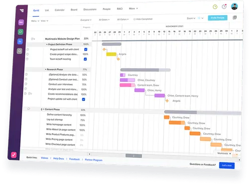 TeamGantt Gantt chart software displaying a construction project timeline with task groups and dependencies.