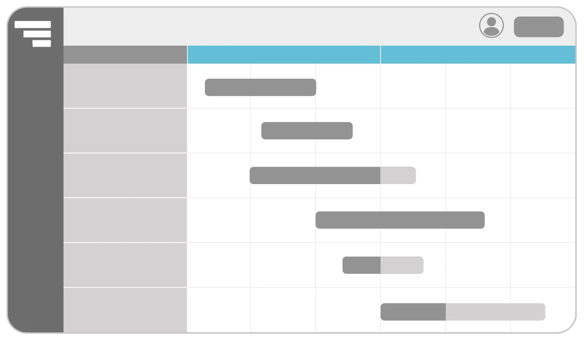 A simplified illustration of a Gantt chart interface. The horizontal timeline at the top is highlighted in blue, dividing the calendar grid into vertical date columns. Gray task bars stretch across the grid to show scheduling.