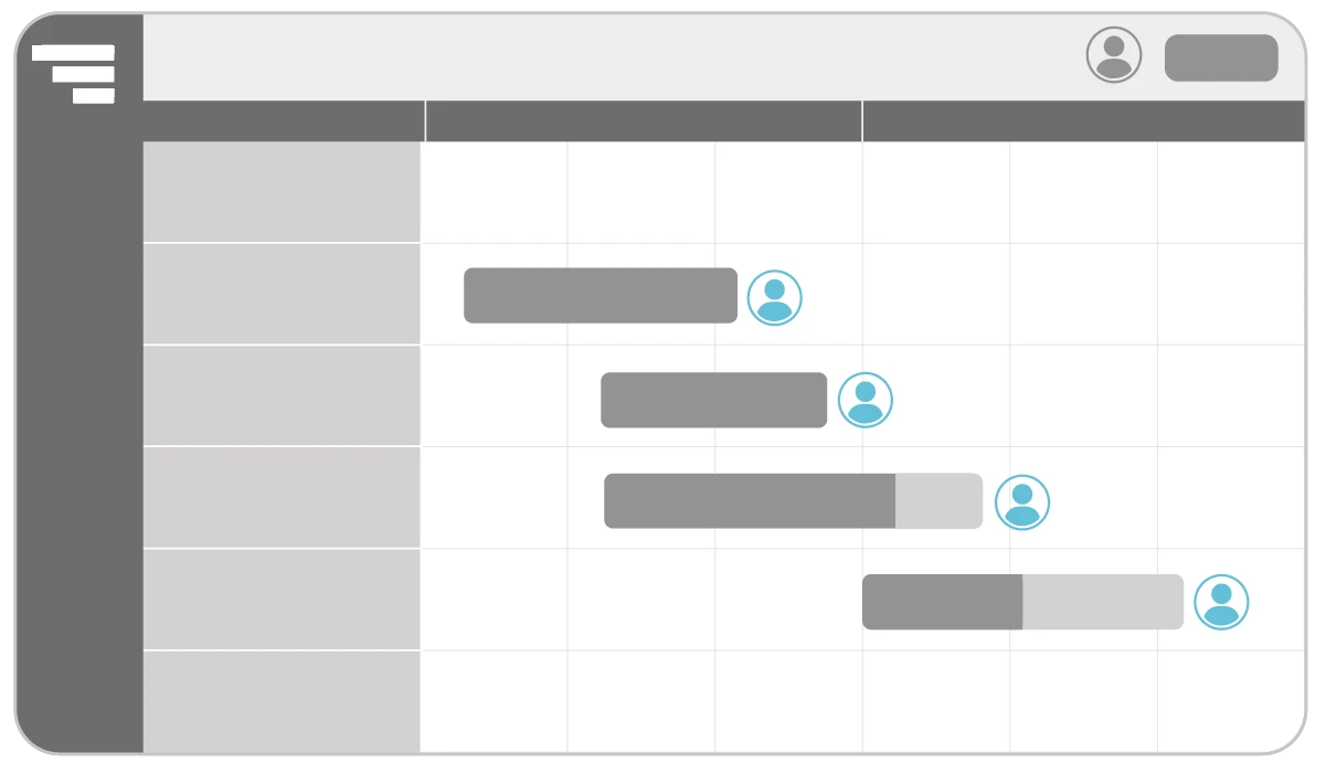 A simplified Gantt chart illustration showing several gray task bars. Each task is paired with a blue user icon, visually highlighting the assigned resource. The icons represent who is responsible for each task.