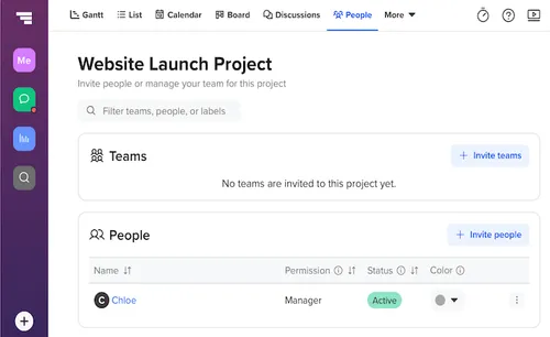 TeamGantt project settings showing options to invite teams or individuals to collaborate on a website launch schedule.