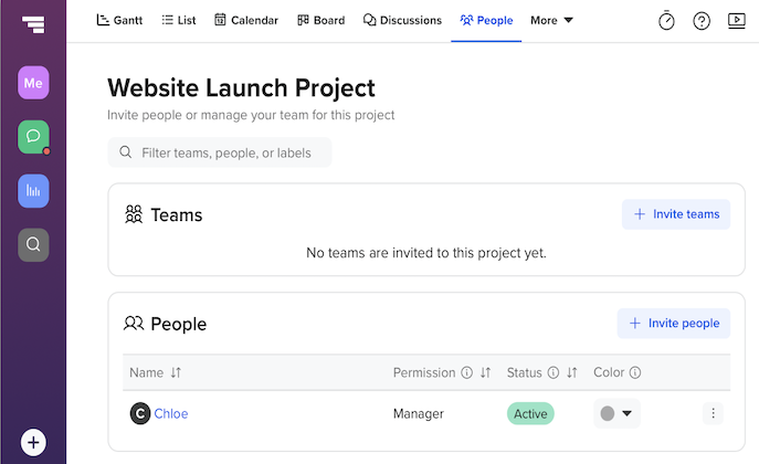 TeamGantt project settings showing options to invite teams or individuals to collaborate on a website launch schedule.