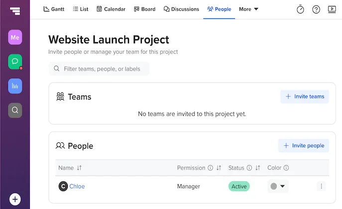 TeamGantt project settings showing options to invite teams or individuals to collaborate on a website launch schedule.