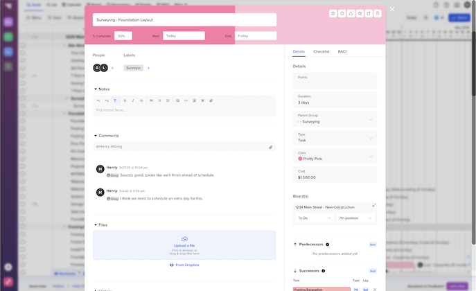 TeamGantt task details window showing dates, percent complete, assignees, notes, comments, file upload, cost, and task dependencies.