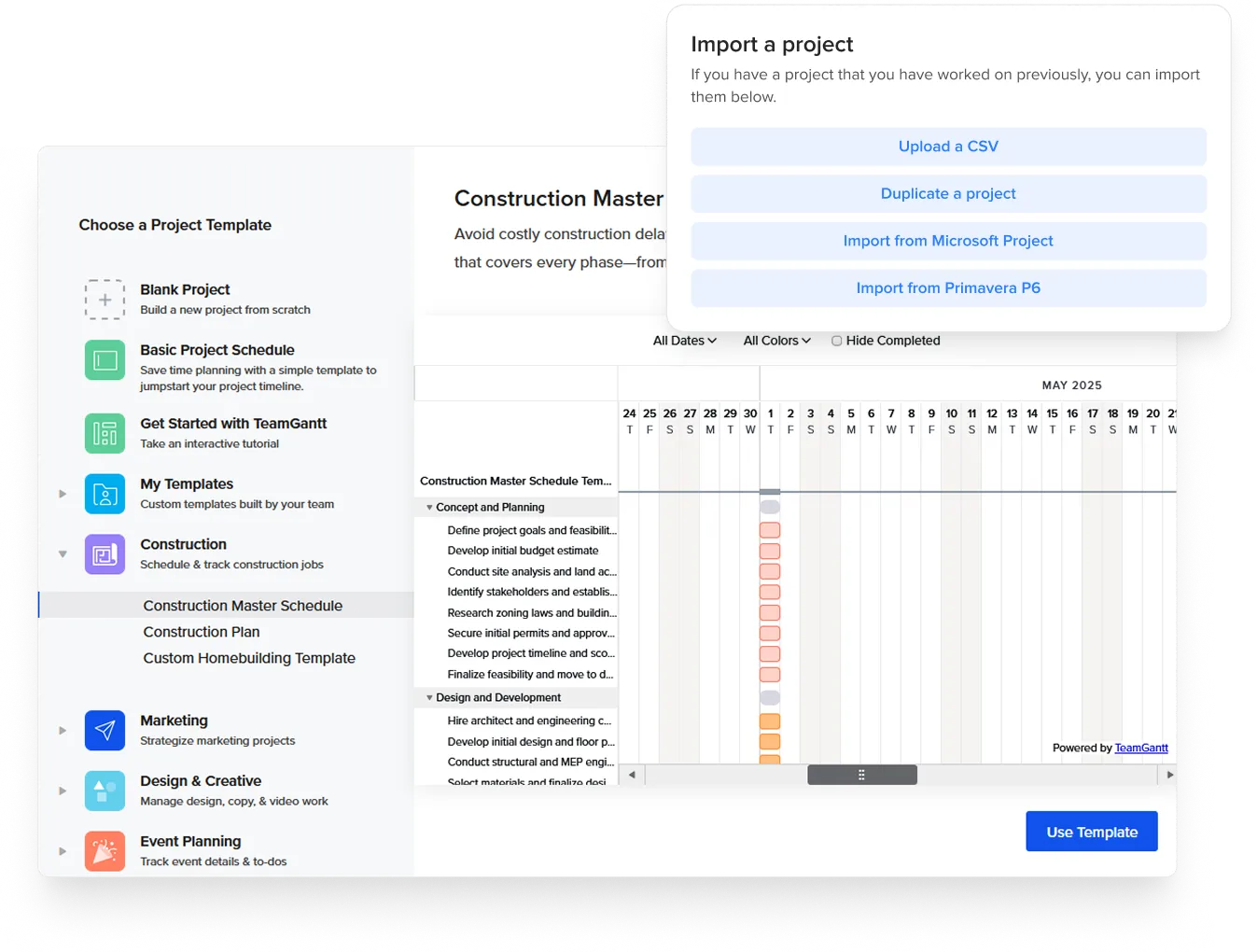 TeamGantt construction project templates, plus import options for CSV, MPP, and Primavera P6 schedules.