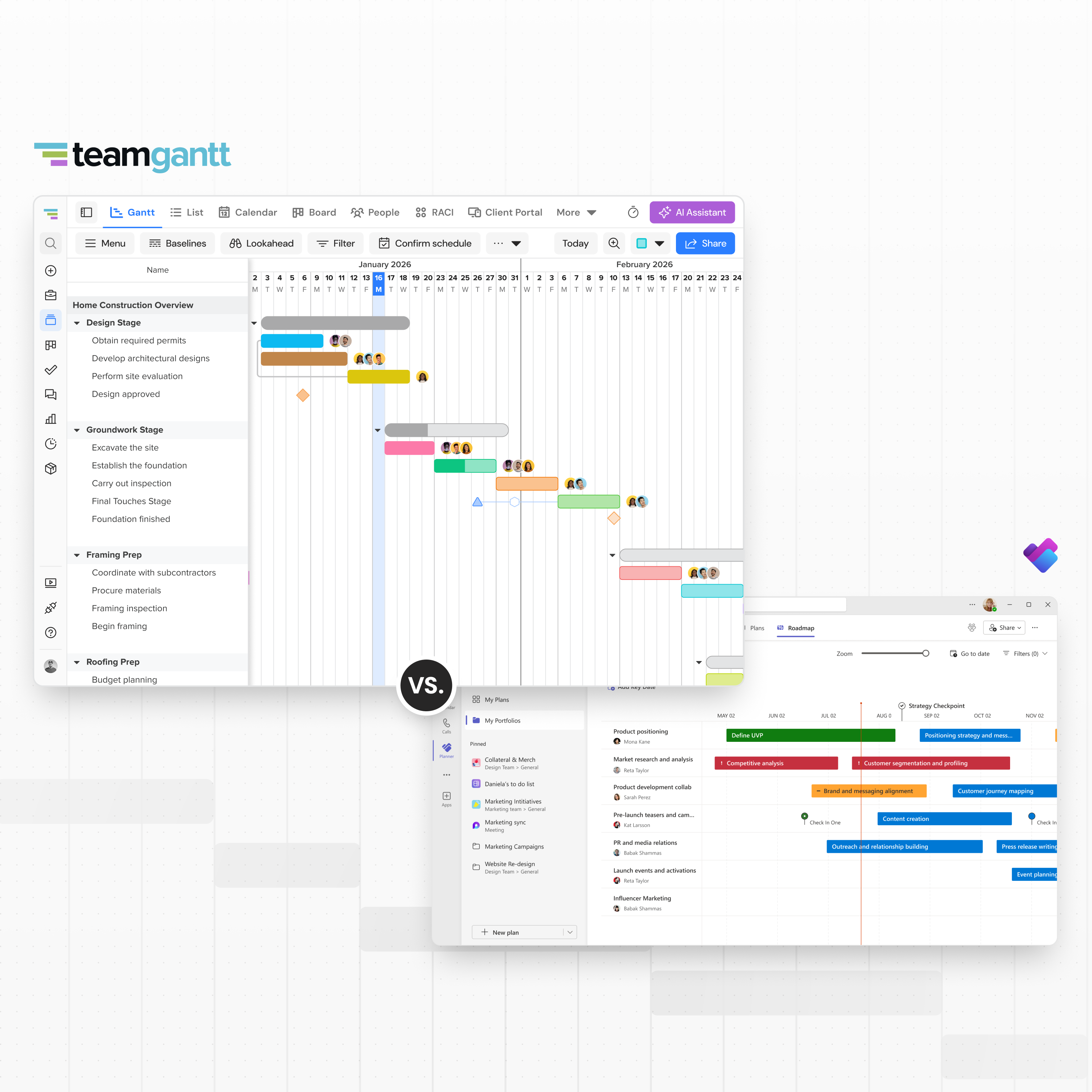 TeamGantt Gantt chart software displaying a construction project timeline with task groups and dependencies.