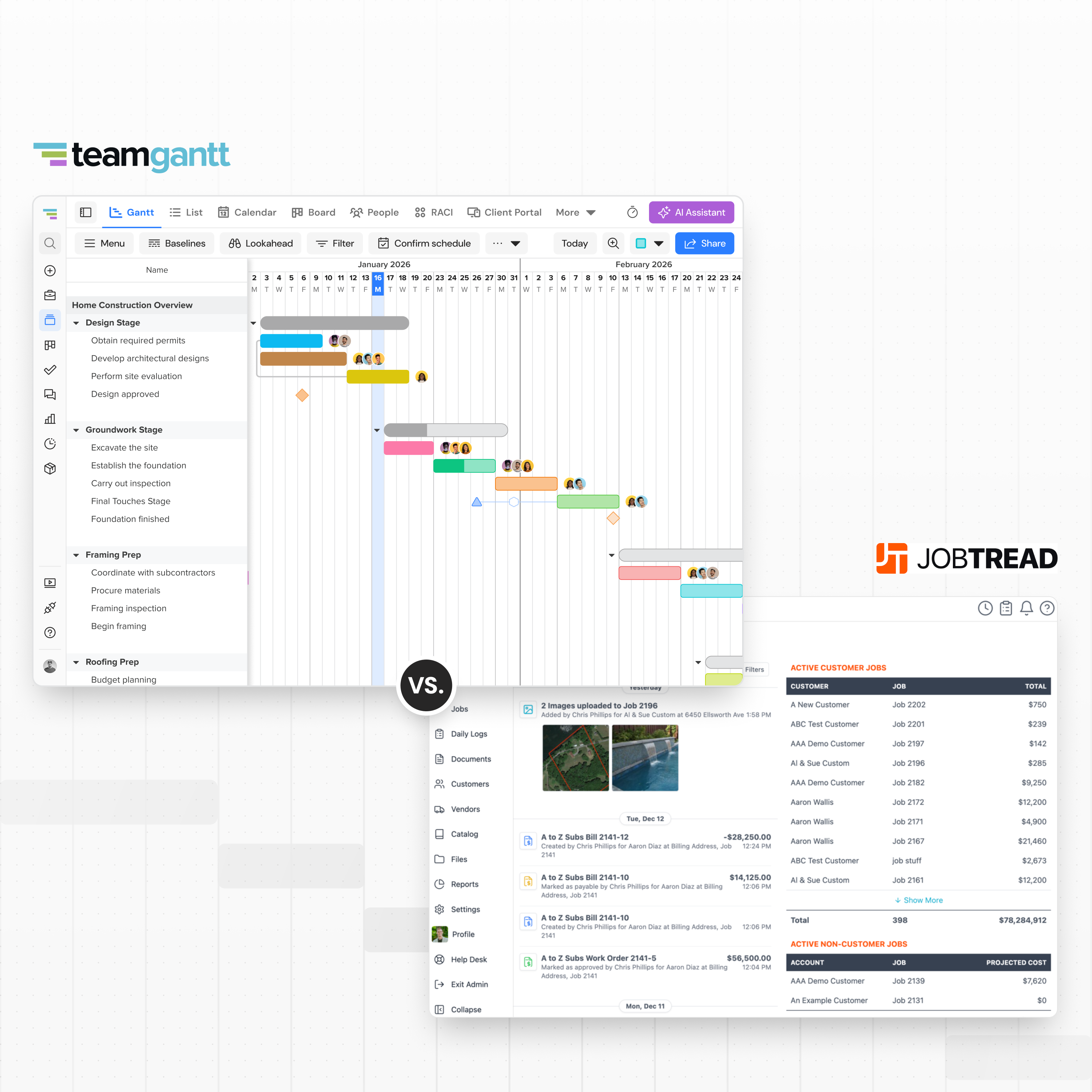 TeamGantt Gantt chart software displaying a construction project timeline with task groups and dependencies.