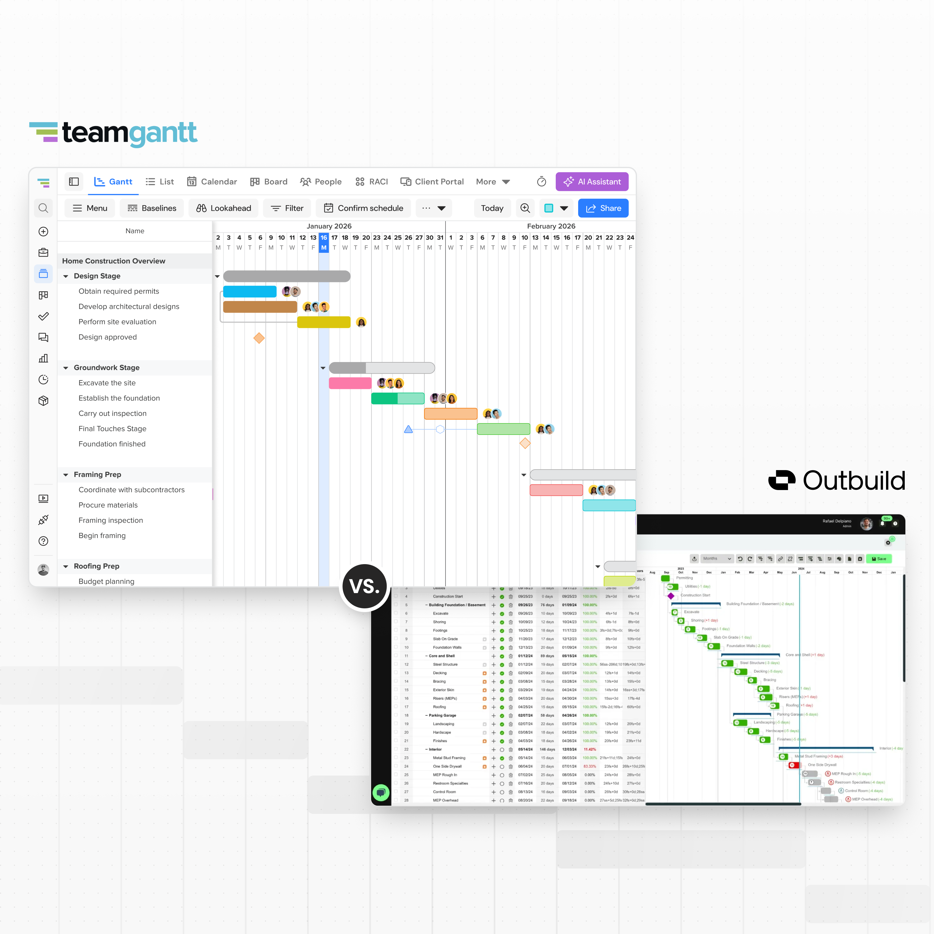 TeamGantt Gantt chart software displaying a construction project timeline with task groups and dependencies.