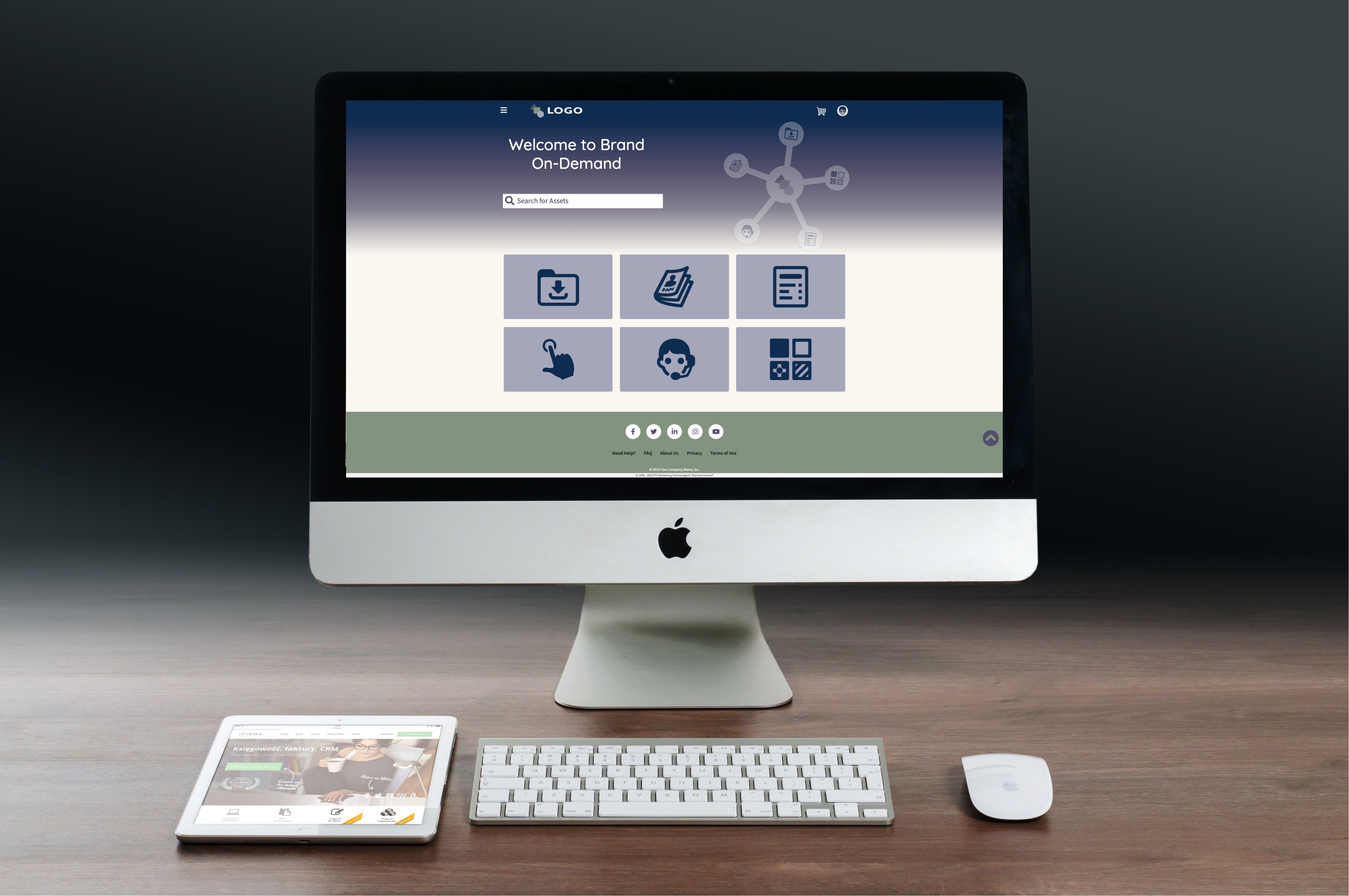 Imac with keyboard and mouse, showing Flipping Portal Branding sample on screen.