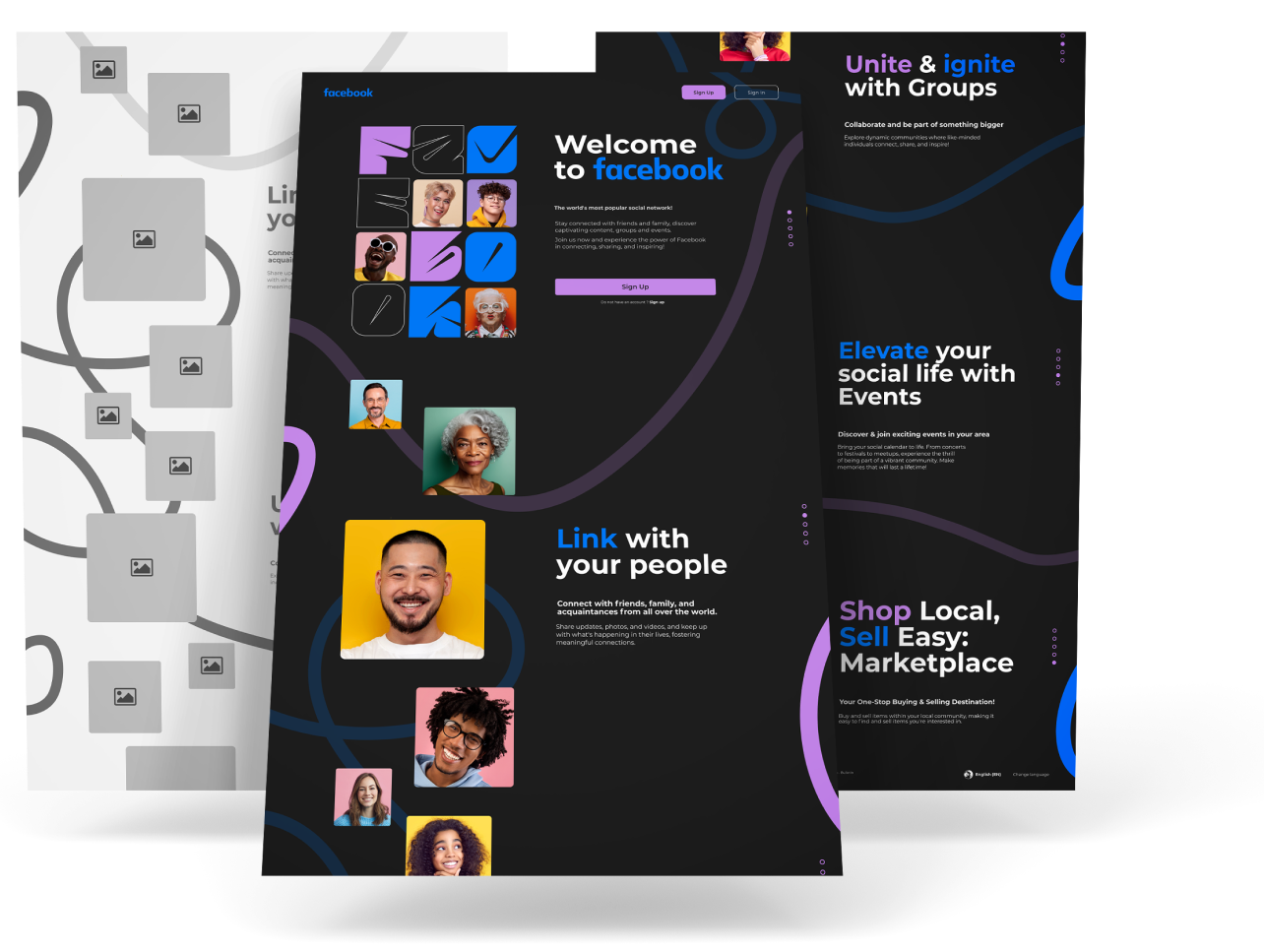 Mockup de présentation du projet de refonte de Facebook 