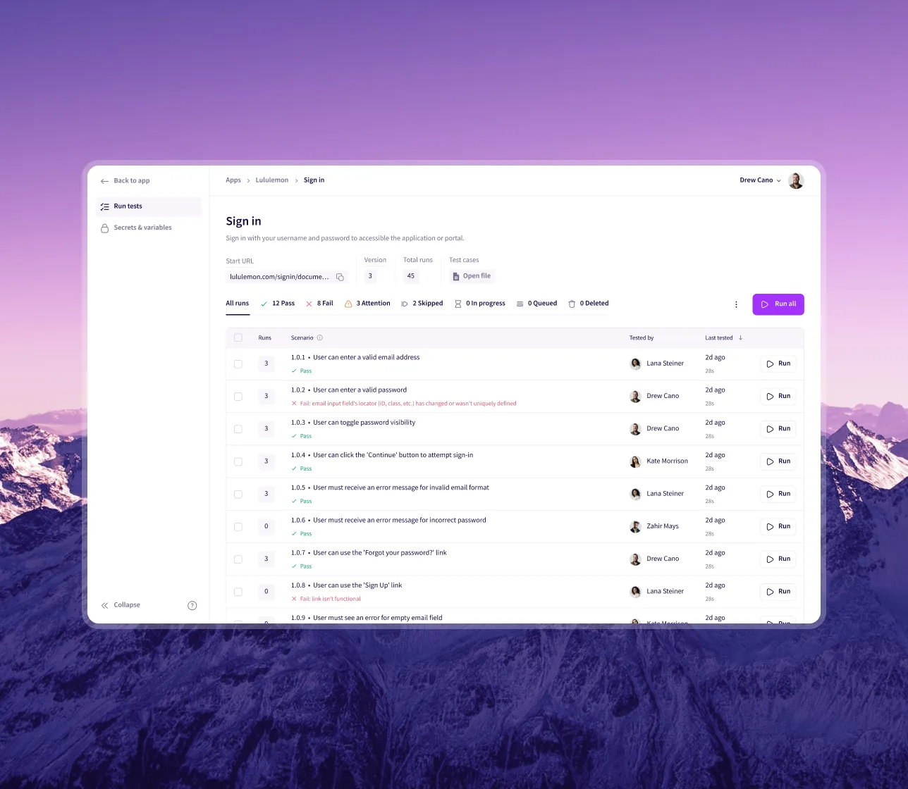 User interface of a sign-in test management dashboard showing test scenarios, pass/fail status, testers, and last tested times.