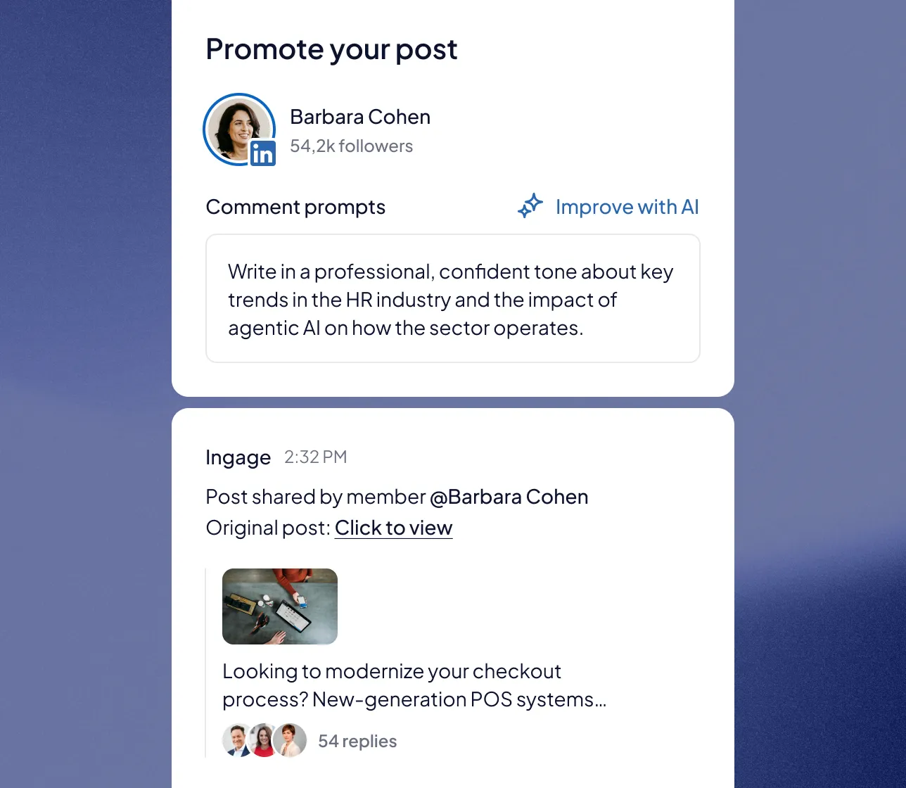 Social media post promotion interface showing Barbara Cohen with 54.2k followers and a professional comment prompt about HR industry trends and AI impact, plus a shared post preview on modern POS systems with 54 replies.