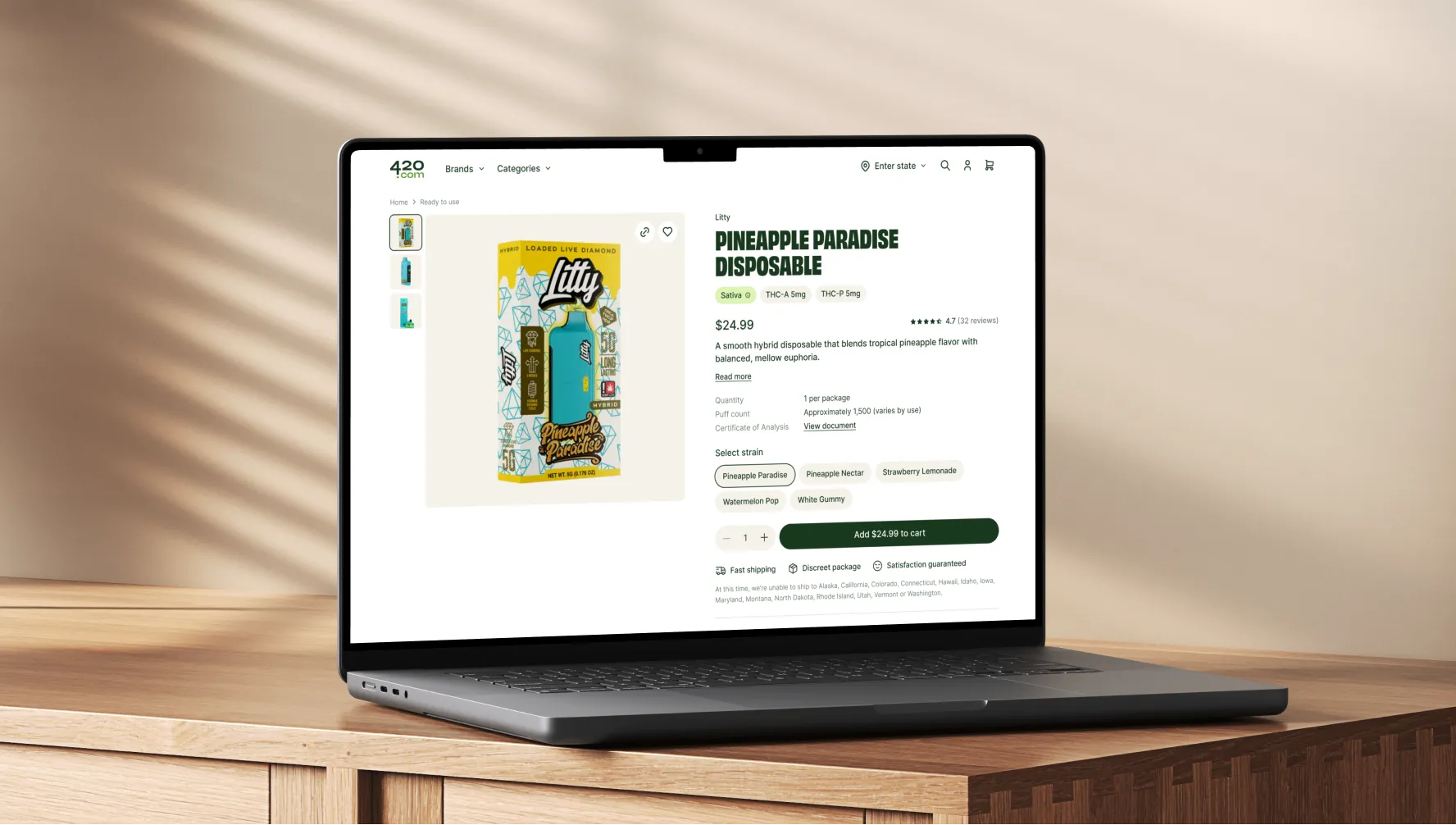 MacBook Air displaying a product page for Litty Pineapple Paradise Disposable with price, reviews, and strain options.