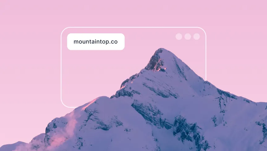 Snow-covered mountain peak under a pink sky with a website browser frame overlay showing 'mountaintop.co'.