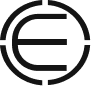 Minimalist black circular logo with a stylized letter E integrated with horizontal lines inside the circle.