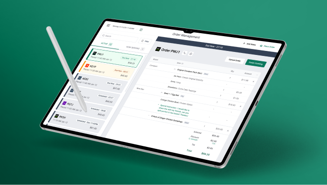 Tablet displaying an order management system with a stylus placed diagonally on the screen, showing active orders and detailed line items on a green background.
