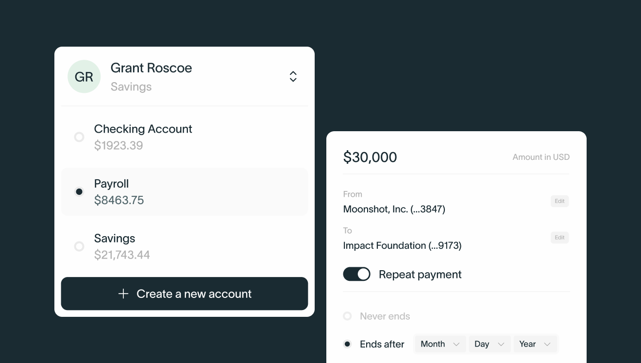 User interface showing Grant Roscoe's payroll account with $8,463.75 selected and a payment form to transfer $30,000 from Moonshot, Inc. to Impact Foundation with repeat payment toggled on.
