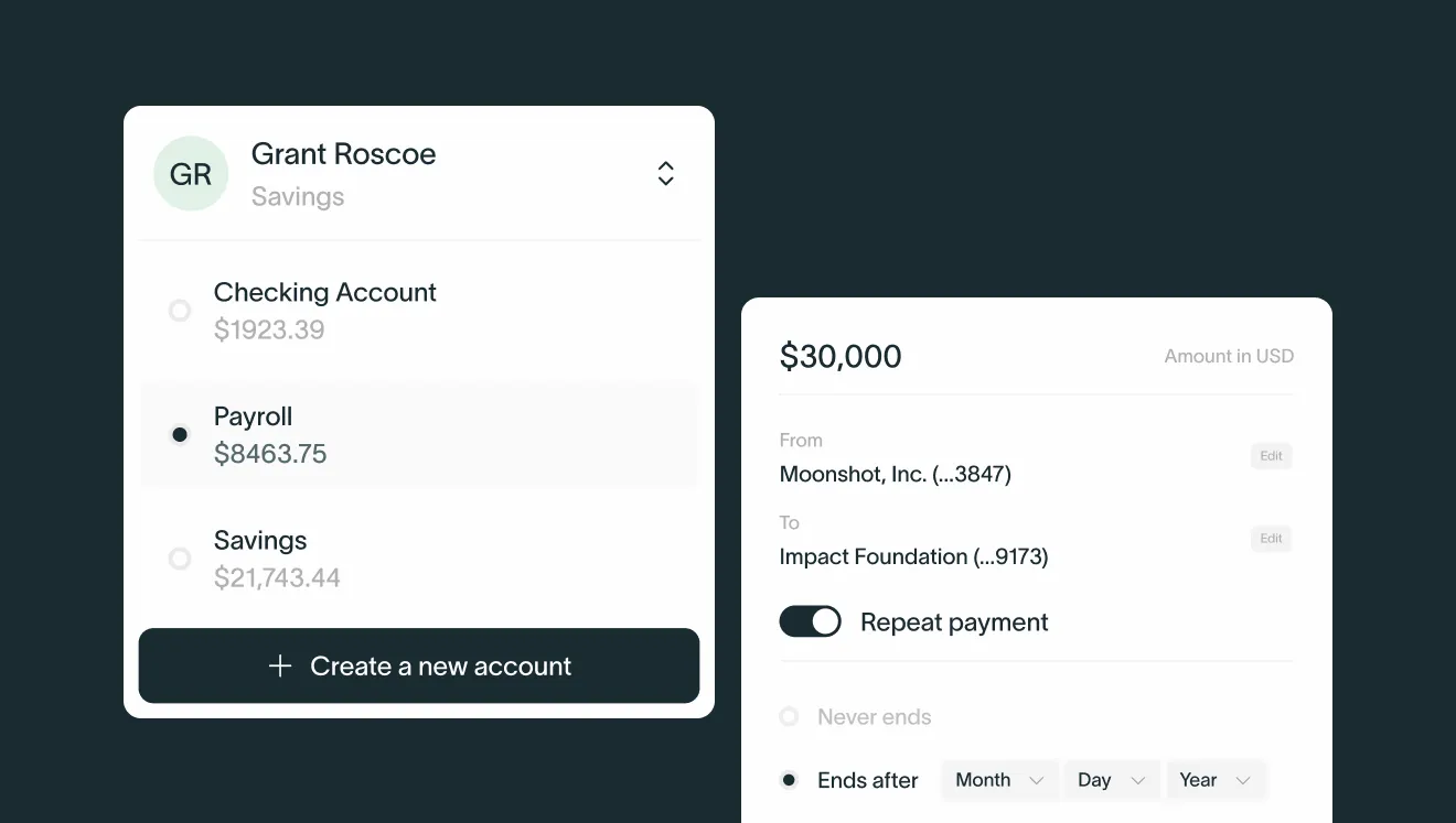 User interface showing Grant Roscoe's payroll account with $8,463.75 selected and a payment form to transfer $30,000 from Moonshot, Inc. to Impact Foundation with repeat payment toggled on.